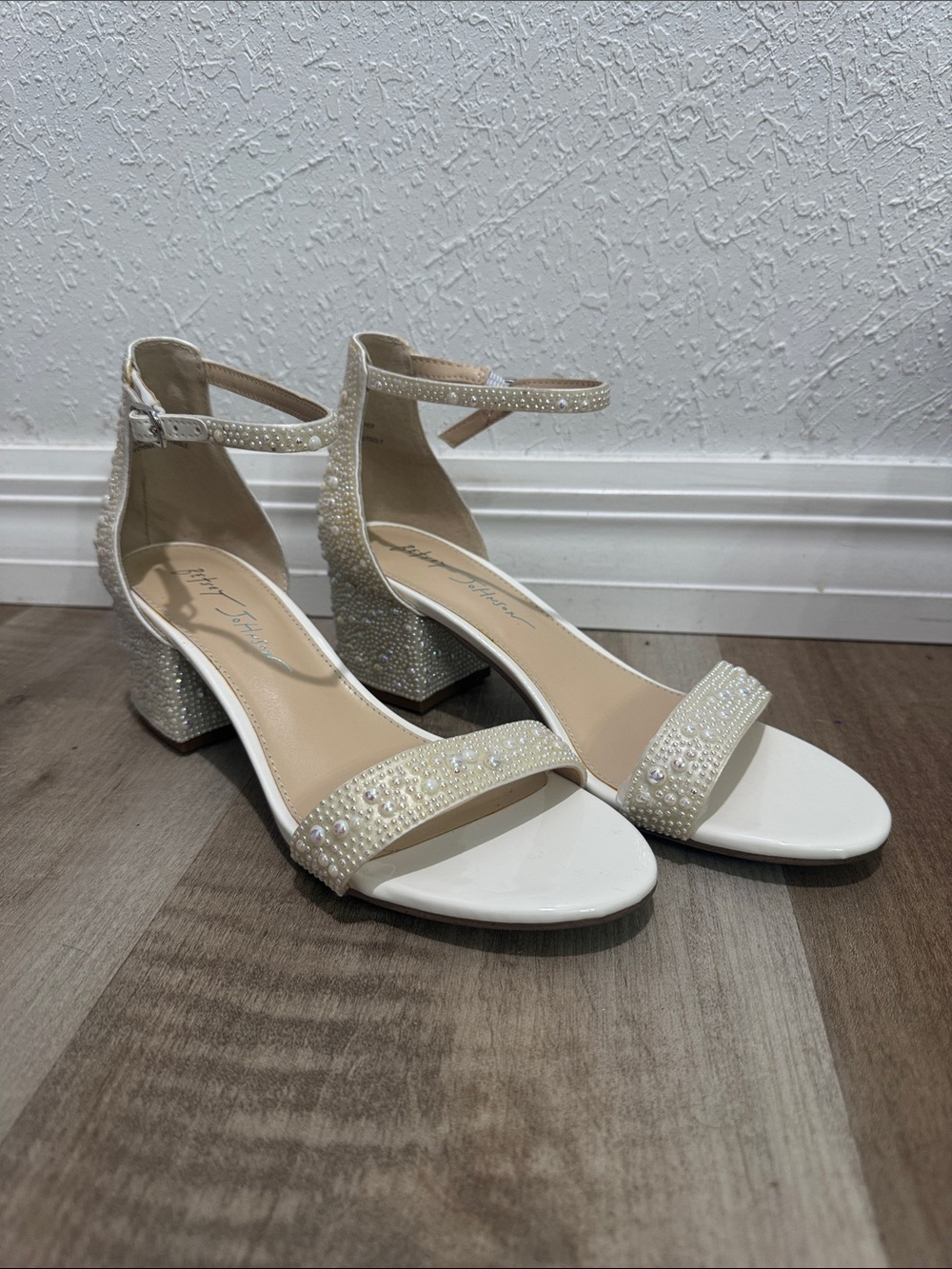 Betsey Johnson Beaded Ivory Block Heel Sandals with Ankle Strap